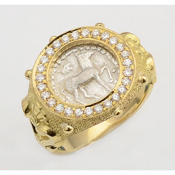 Ancient Greece Silver Horse Coin in Designer 18kt Gold Ring with Diamonds circa 450-400 B.C.
